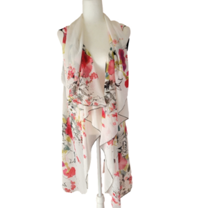 2 Chic Sheer Black and White With Red Floral Print Kimono OS EUC